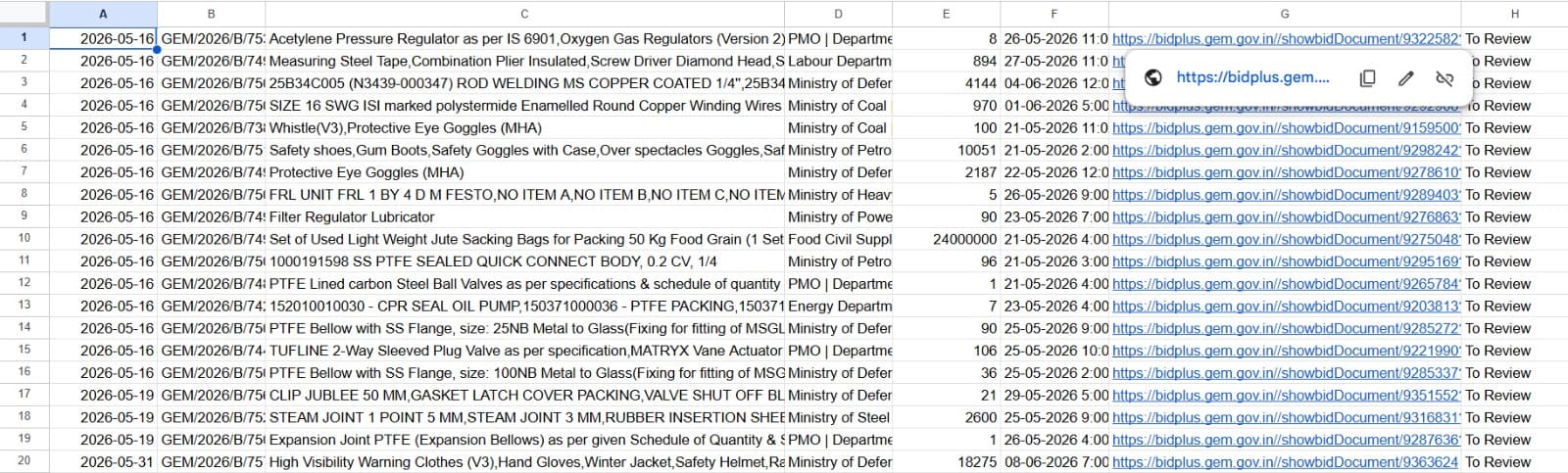Google Sheet of scraped GeM tenders with bid numbers, deadlines and review status