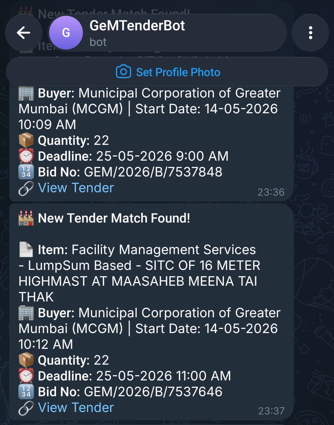 Telegram alerts from GeMTenderBot announcing new tender matches with buyer, quantity and deadline
