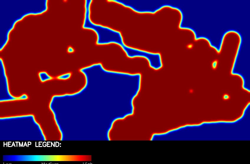 Gaussian heatmap of where shoppers spent time, with a low-to-high legend